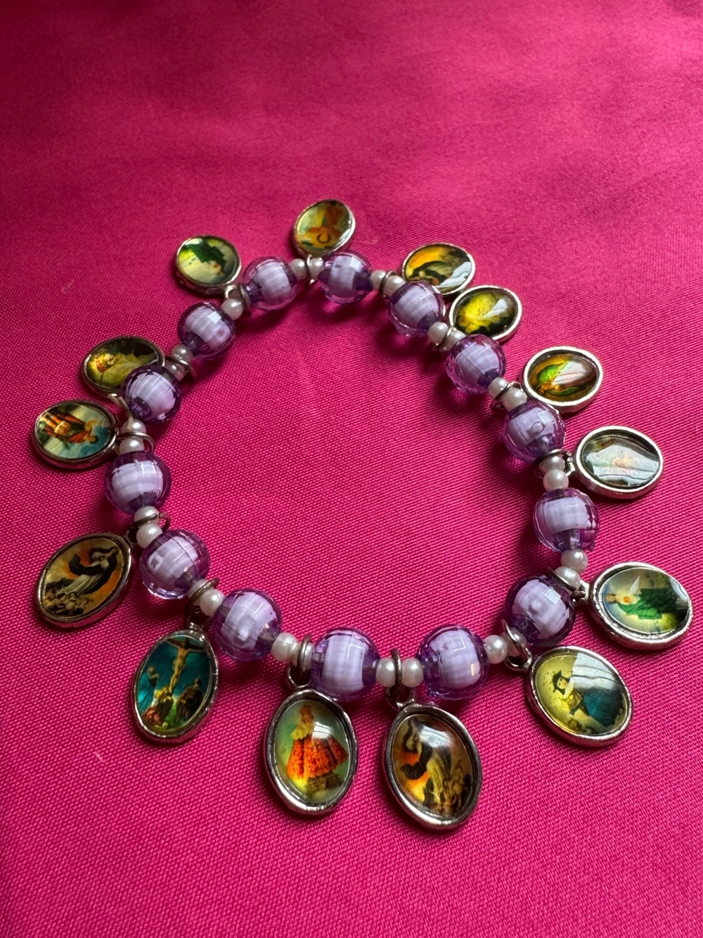 Purple Beaded Charm Necklace with Multi-Image Pendants